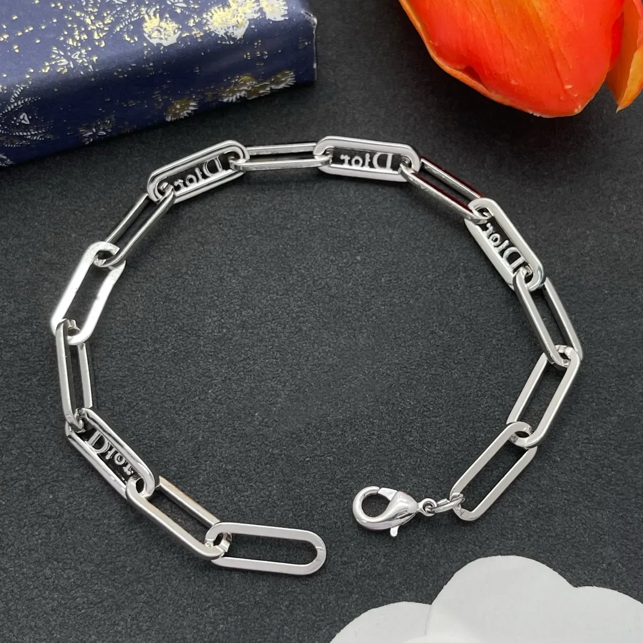 Dior Addict Silver Transparent Paperclip-Link Chain Pavé Crystal Embellishment Bracelet 4
