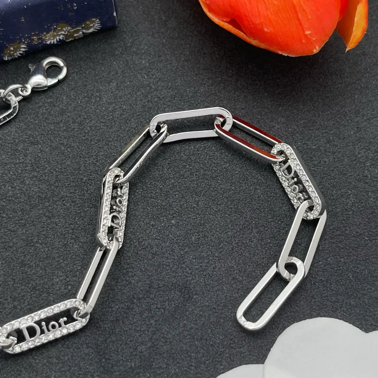 Dior Addict Silver Transparent Paperclip-Link Chain Pavé Crystal Embellishment Bracelet 5