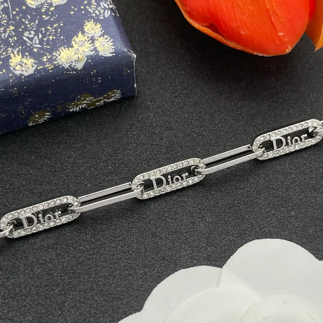 Dior Addict Silver Transparent Paperclip-Link Chain Pavé Crystal Embellishment Bracelet 6
