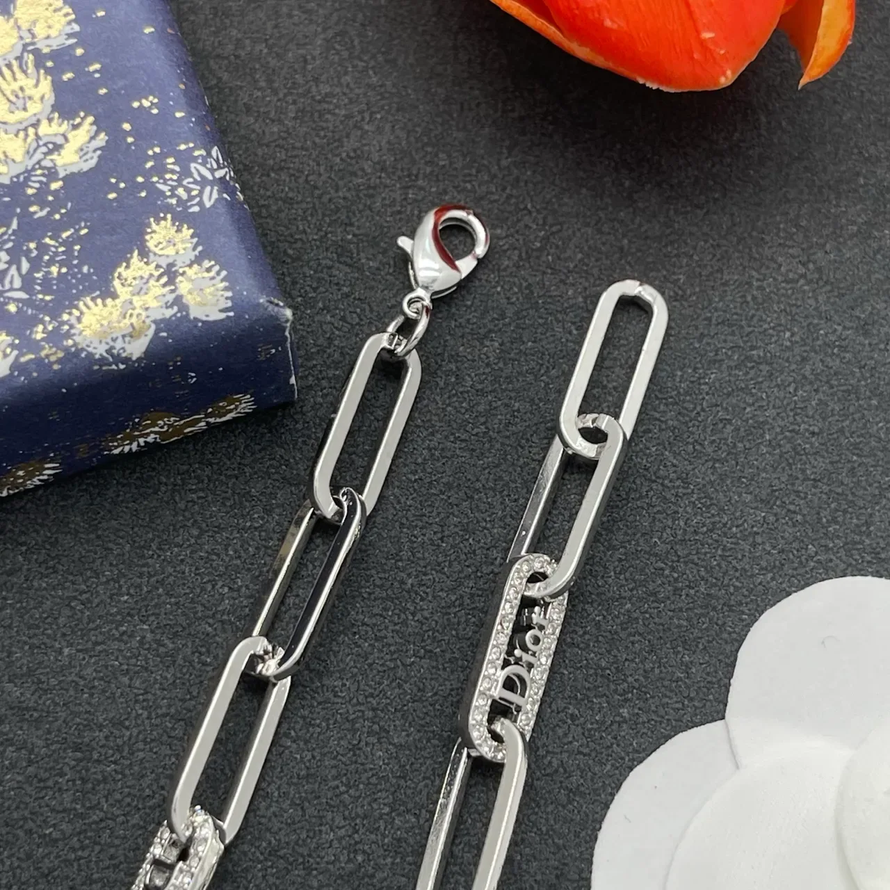Dior Addict Silver Transparent Paperclip-Link Chain Pavé Crystal Embellishment Bracelet 7