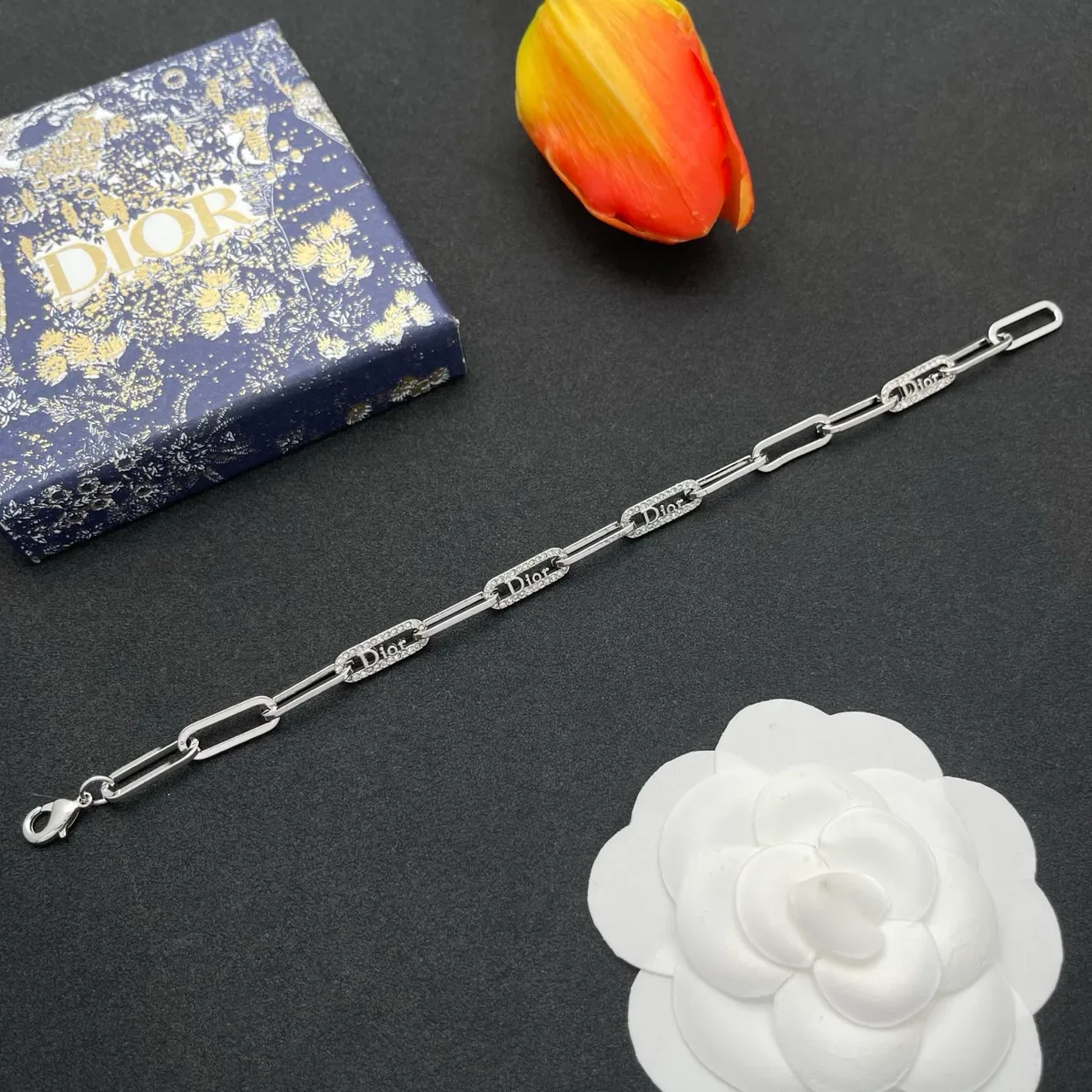 Dior Addict Silver Transparent Paperclip-Link Chain Pavé Crystal Embellishment Bracelet 8