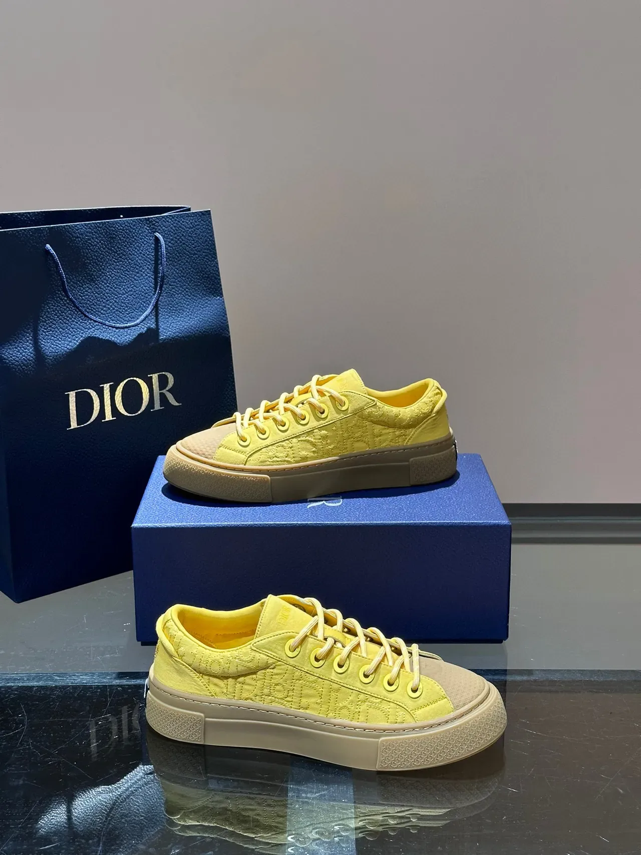 Dior B27 Yellow Beige Embossed Monogram Upper Low-Top Platform Silhouette Lifestyle Sneakers 7