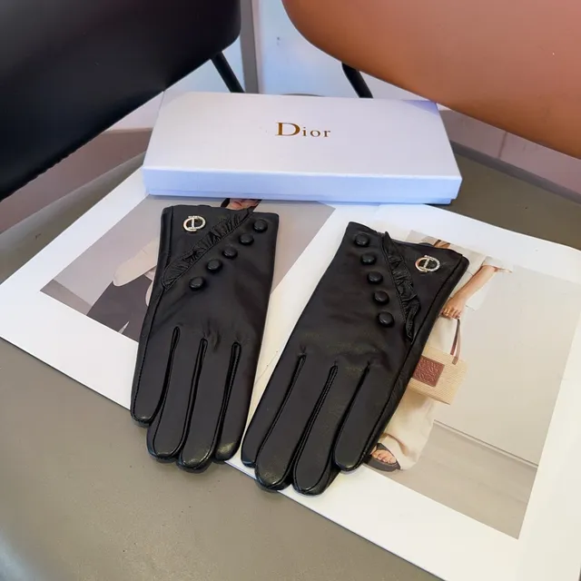 Dior Black Button-Accented Back Leather Gloves 8