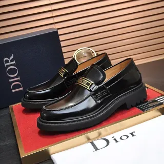 Dior黑金亮面漆皮品牌鞋带乐福鞋