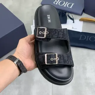 Dior Negro Plata Sandalias Doble Hebilla Correa Oblícuo Jacquard