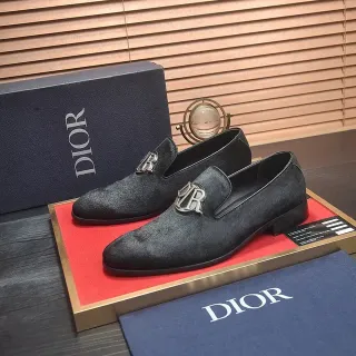 Dior 黑色银色 麂皮纹金属 CD Logo 乐福鞋
