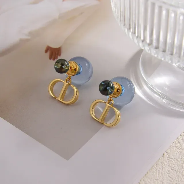 Dior Blue Gold Double-Bead Stud Dangling CD Logo Charm Earrings 4