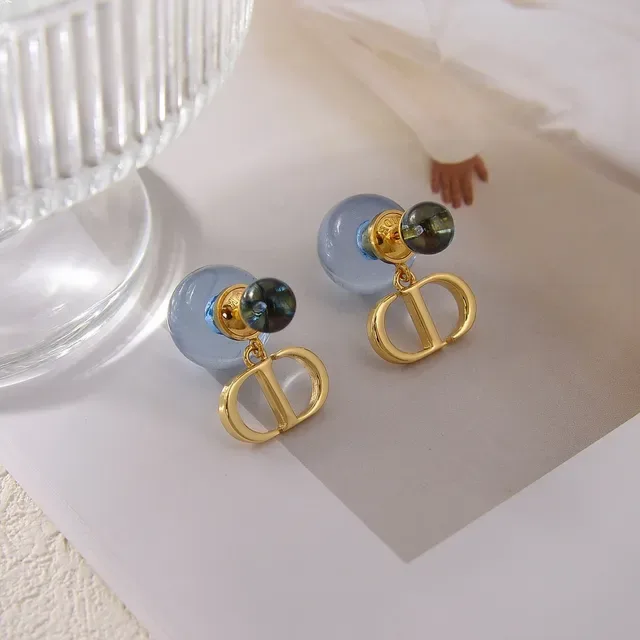 Dior Blue Gold Double-Bead Stud Dangling CD Logo Charm Earrings 5