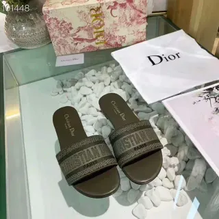 Dior भूरा बेजा बुना धातु की पटरी उत्कीर्ण ब्रांड स्लिपर्स