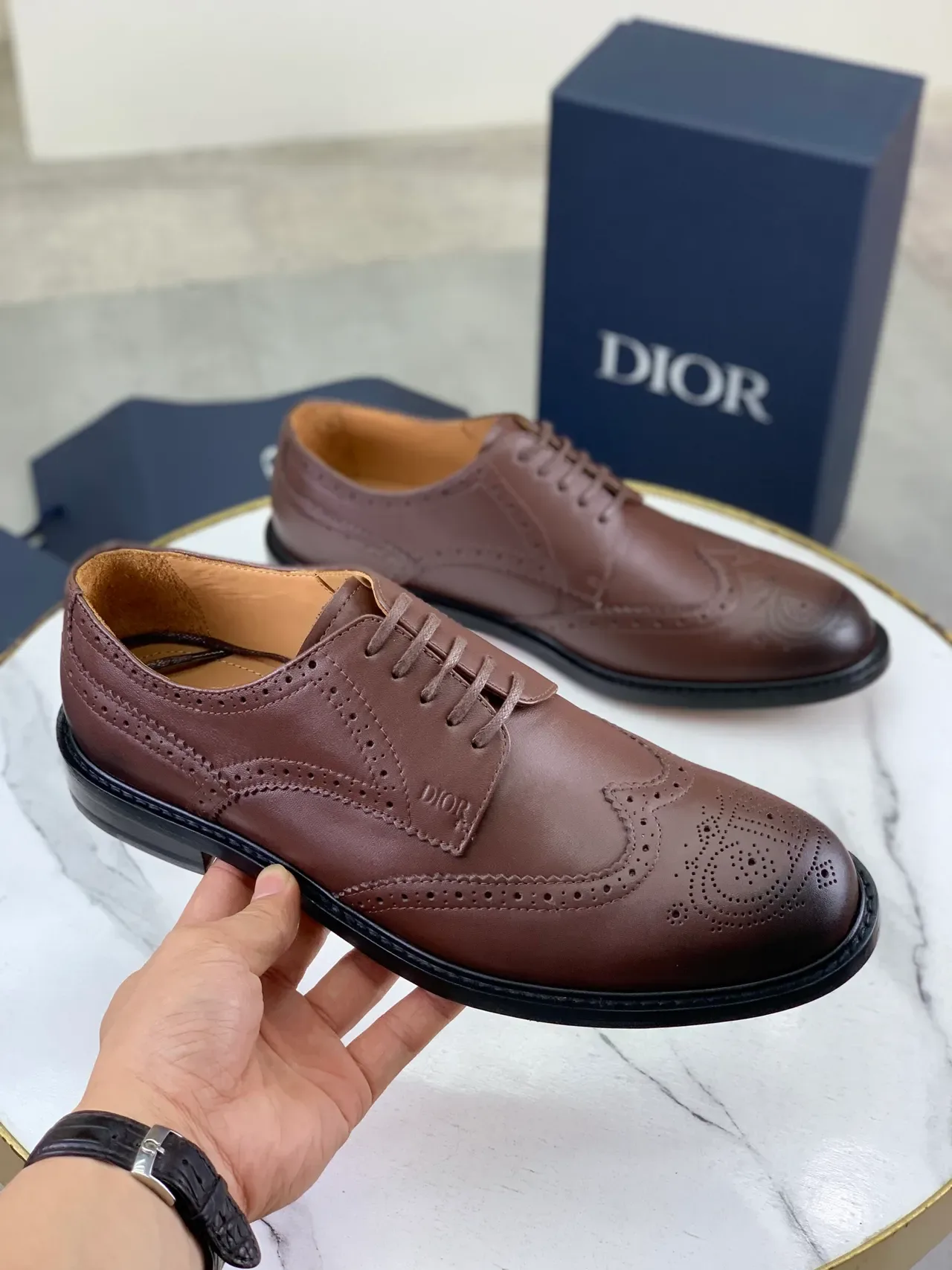 Dior بني أسود Wingtip Lace-Up Oxford Construction Brogue 1