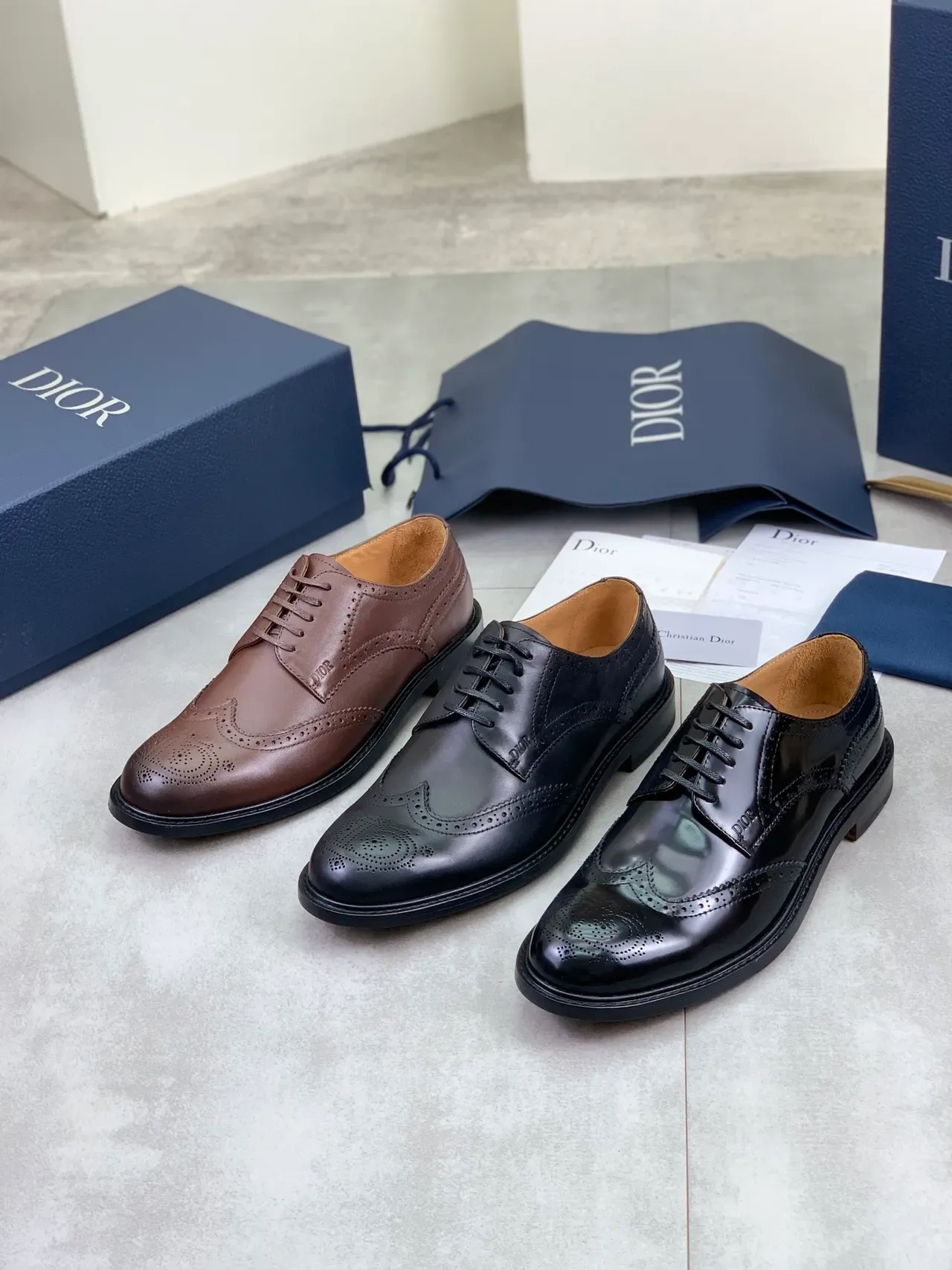 Dior بني أسود Wingtip Lace-Up Oxford Construction Brogue 2