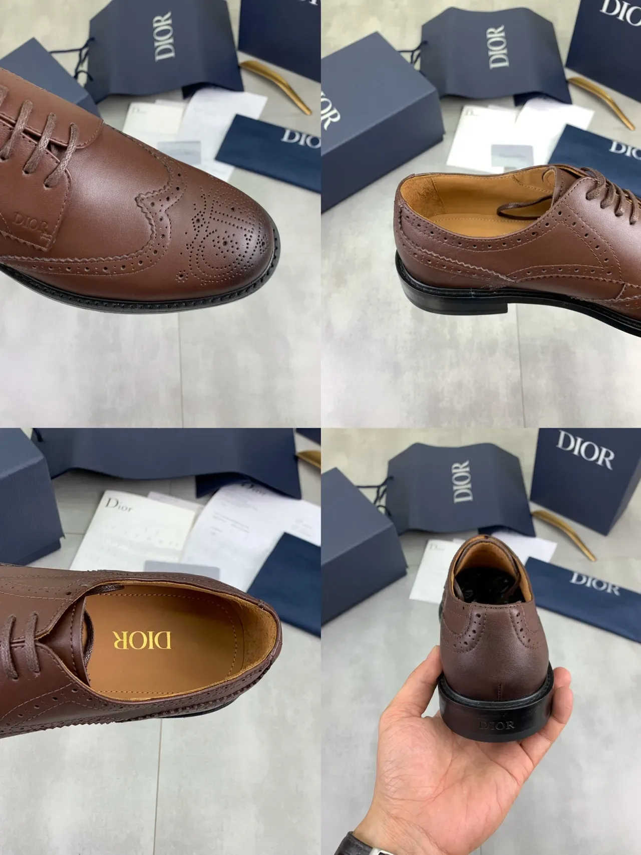 Dior بني أسود Wingtip Lace-Up Oxford Construction Brogue 3
