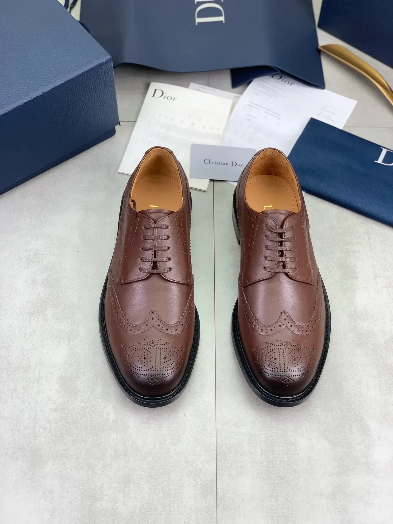 Dior بني أسود Wingtip Lace-Up Oxford Construction Brogue 5