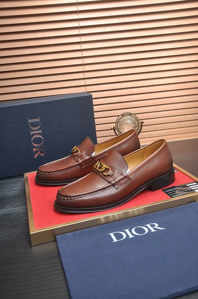 Dior Marrón Dorado Cuero Pulido Correa de Cadena Loafer 4