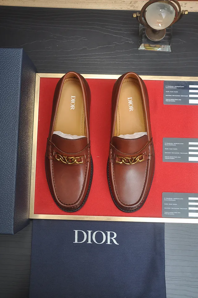 Dior Marrón Dorado Cuero Pulido Correa de Cadena Loafer 5