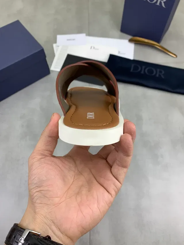 Dior Brown White Ostrich-Textured Leather Crossed Straps Slippers 3