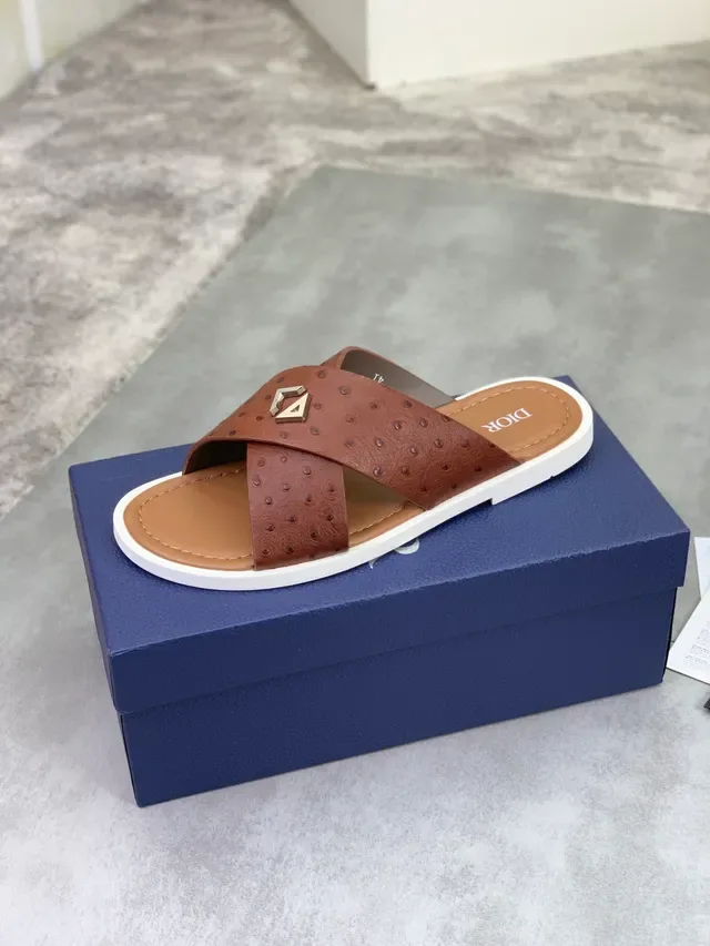 Dior Brown White Ostrich-Textured Leather Crossed Straps Slippers 4