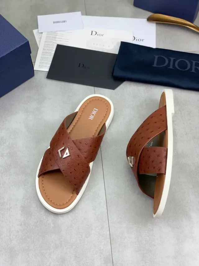 Dior Brown White Ostrich-Textured Leather Crossed Straps Slippers 5