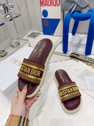 Dior Burgundy Gold Woven Logo Strap Chunky Lug Sole Slippers 2