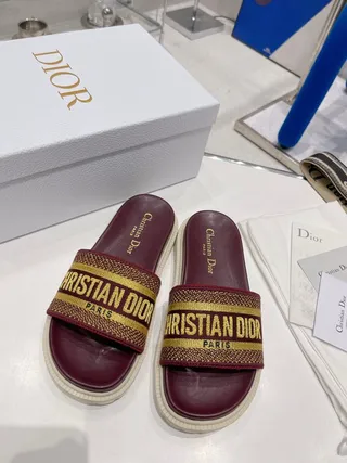 Dior Burgundy Gold Woven Logo Strap Chunky Lug Sole Slippers 3