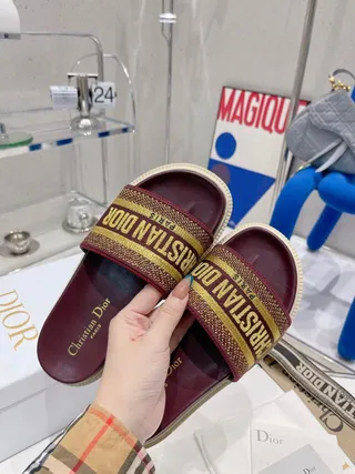 Dior Burgundy Gold Woven Logo Strap Chunky Lug Sole Slippers 4