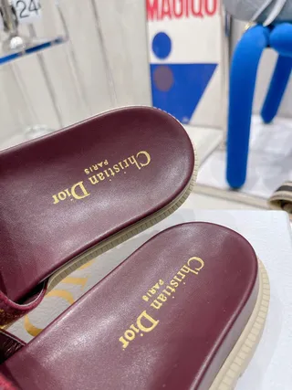 Dior Burgundy Gold Woven Logo Strap Chunky Lug Sole Slippers 5