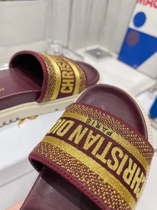 Dior Burgundy Gold Woven Logo Strap Chunky Lug Sole Slippers 7