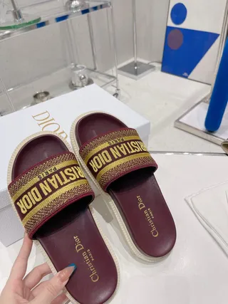 Dior Burgundy Gold Woven Logo Strap Chunky Lug Sole Slippers 8