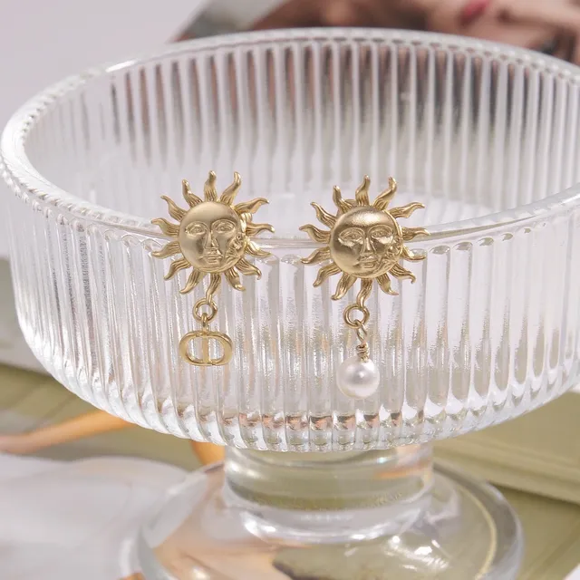 Dior Gold White Sun-Face Motif Asymmetrical Design Earrings 5