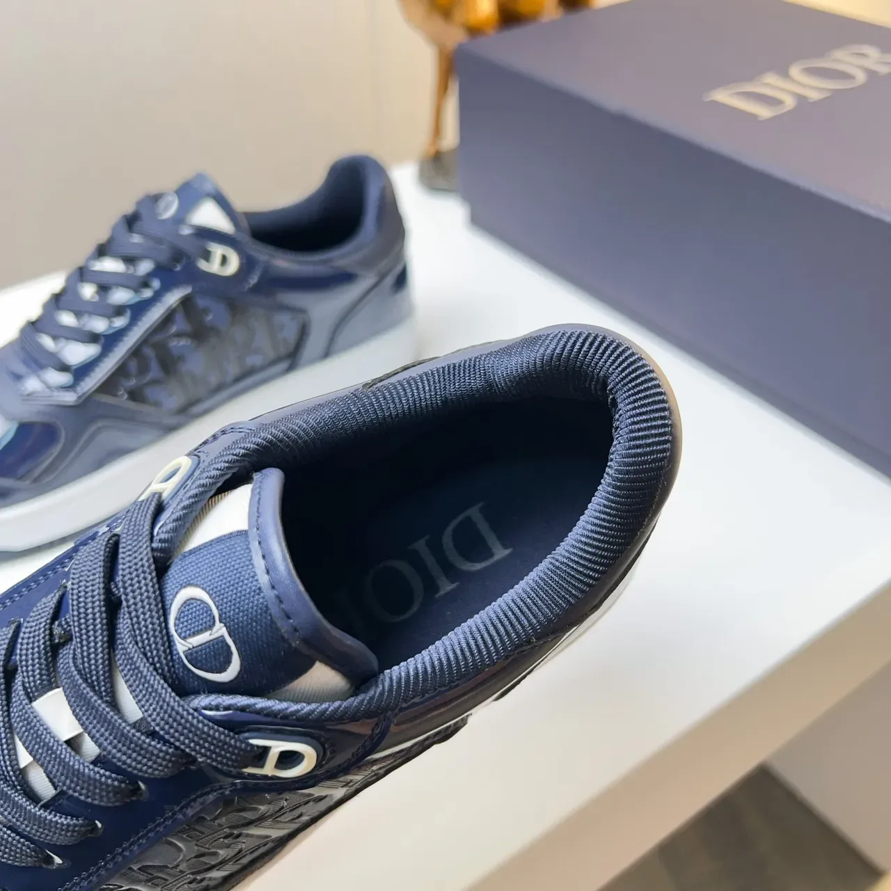 Dior Navy White Glossy Patent-Like Upper Monogrammed Side Panel Lifestyle Sneakers 4