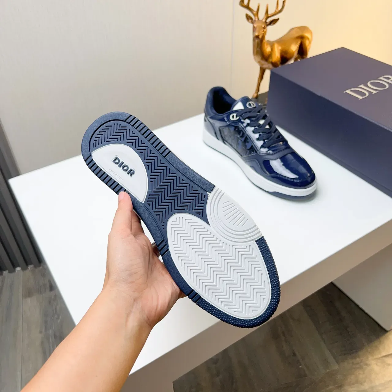 Dior Navy White Glossy Patent-Like Upper Monogrammed Side Panel Lifestyle Sneakers 5