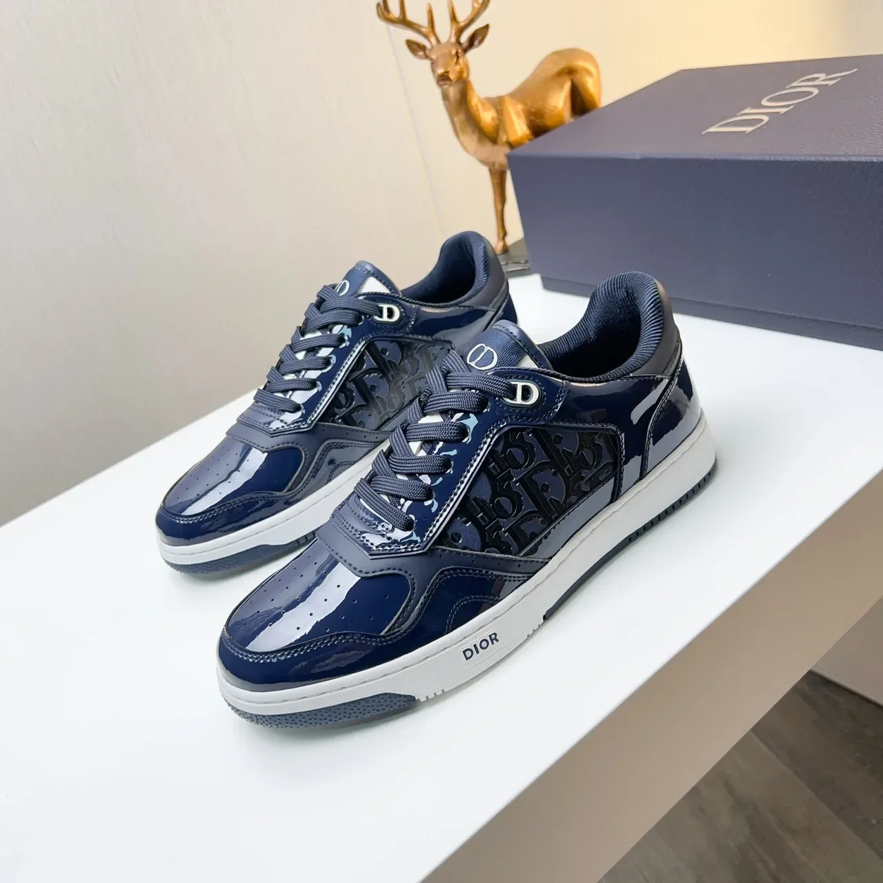 Dior Navy White Glossy Patent-Like Upper Monogrammed Side Panel Lifestyle Sneakers 6