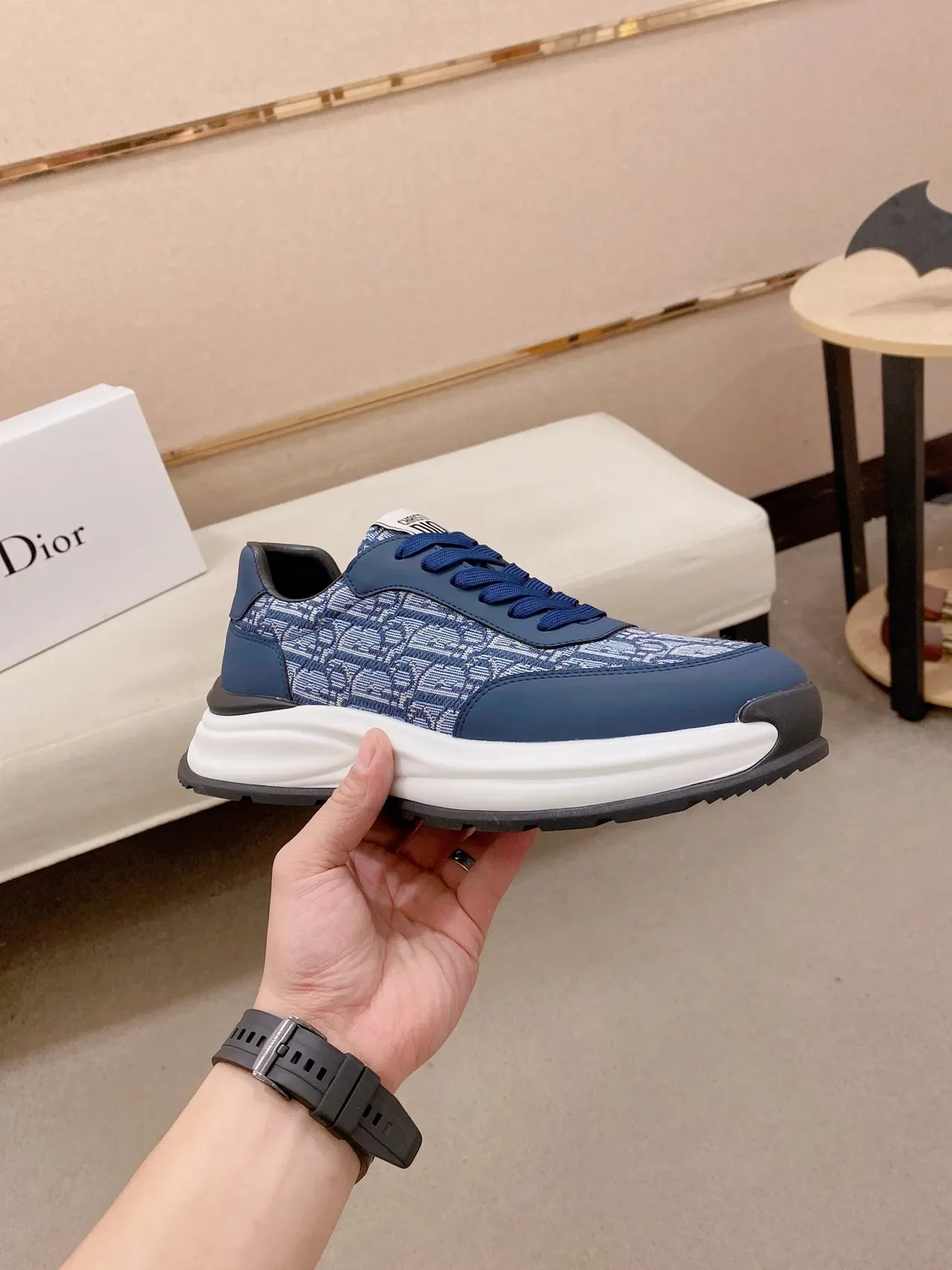 Dior Navy White Jacquard Oblique Pattern Sculpted Midsole Chunky Sneakers 5