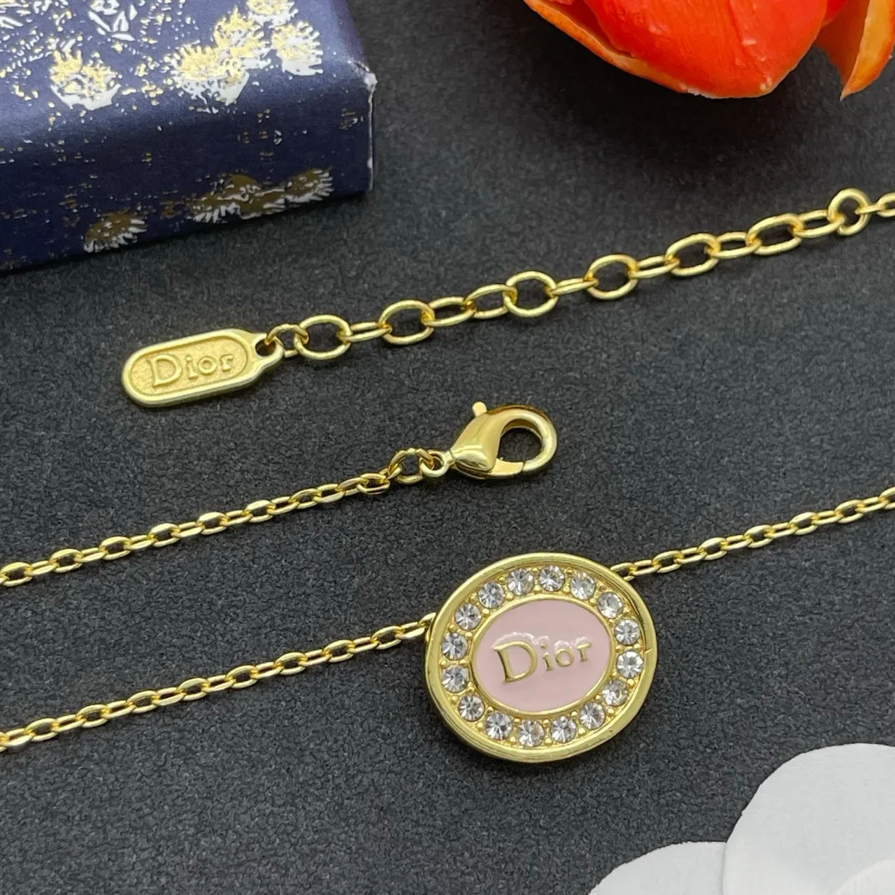 Dior Oval Pink Enamel Crystal Pendant Necklace 5