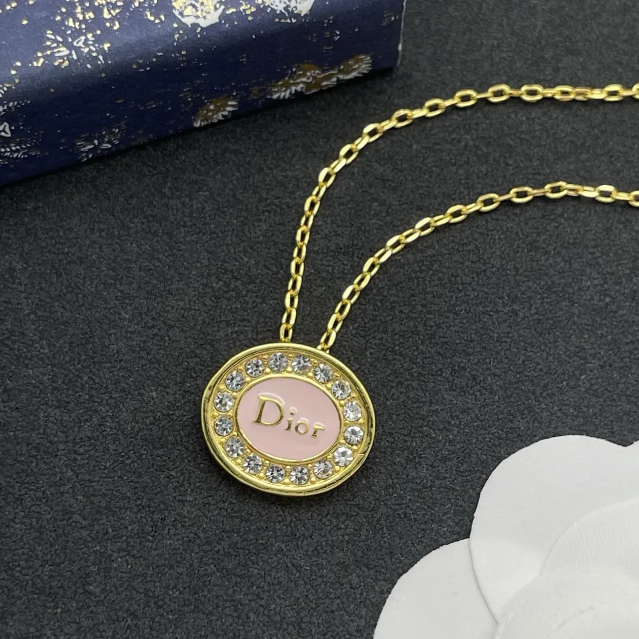 Dior Oval Pink Enamel Crystal Pendant Necklace 7