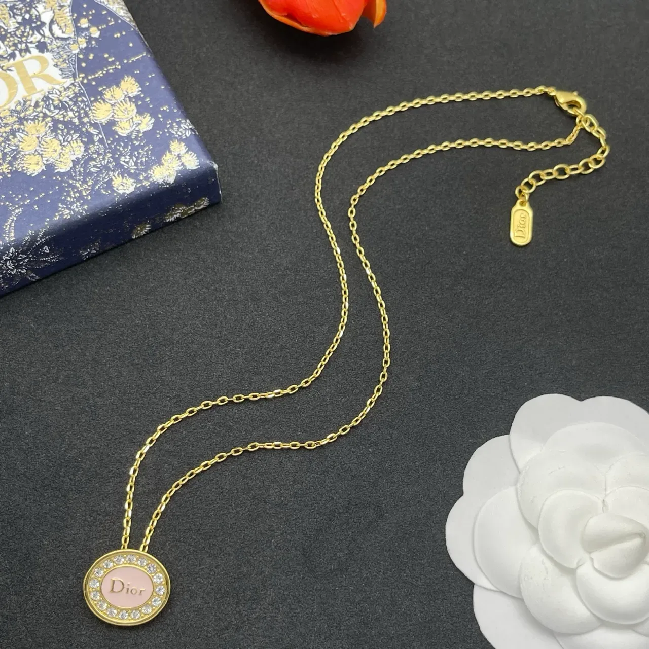Dior Oval Pink Enamel Crystal Pendant Necklace 8
