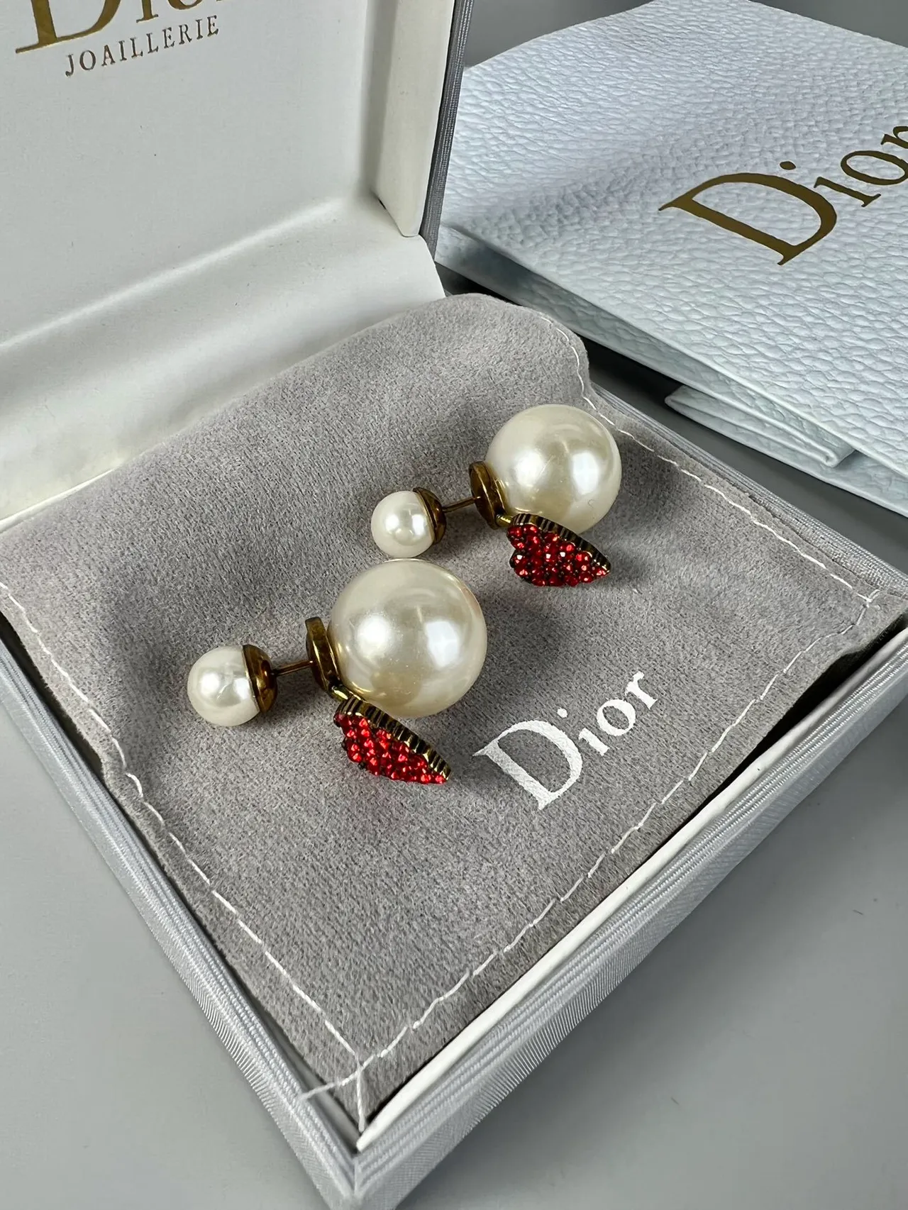 Dior Pearl and Red Crystal Heart Earrings 2