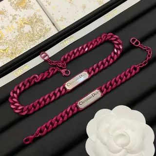 Dior Pink Silver Chunky Curb Chain Engraved Metal Plaque Bracelet
