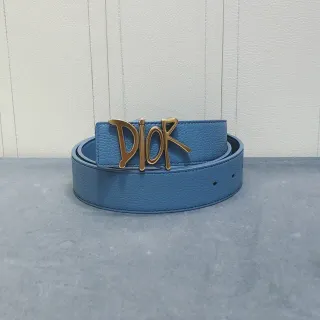 Dior Script Logo Belt Azul Oro Hebilla Granulada Cuero Cinturón