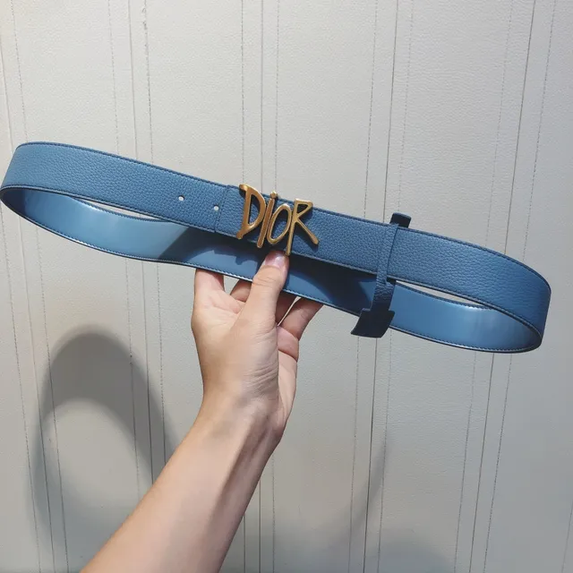Dior Script Logo Belt Ceinture Bleu Or Boucle Grainée Cuir 5