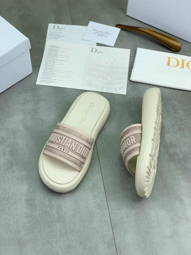 Dior Slide Beige Pink Thick Platform Sole Embossed Logo Strap Slippers 5