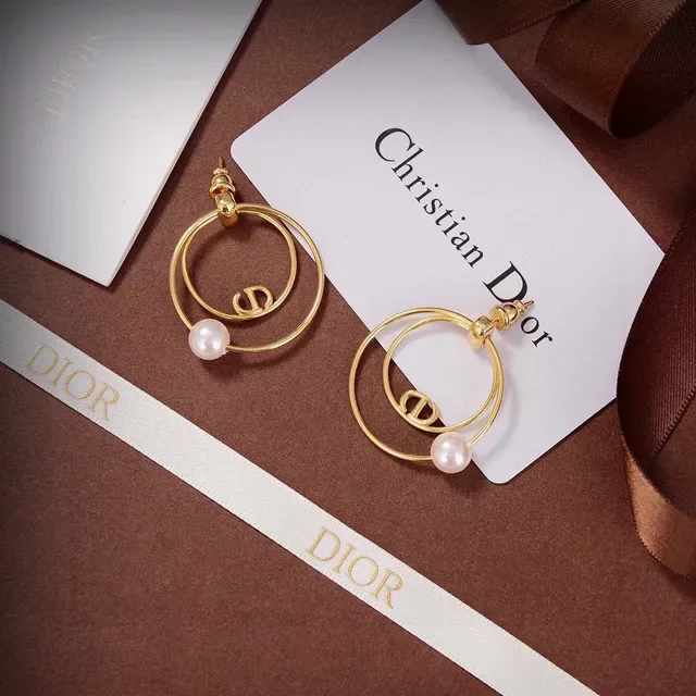 Dior Tribales Gold White Double Hoop Pearl Accent Earrings 2
