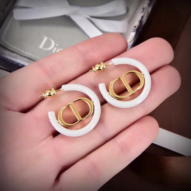 Dior Tribales Créoles Or Blanc Émail CD Logo Boucles d'oreilles 3