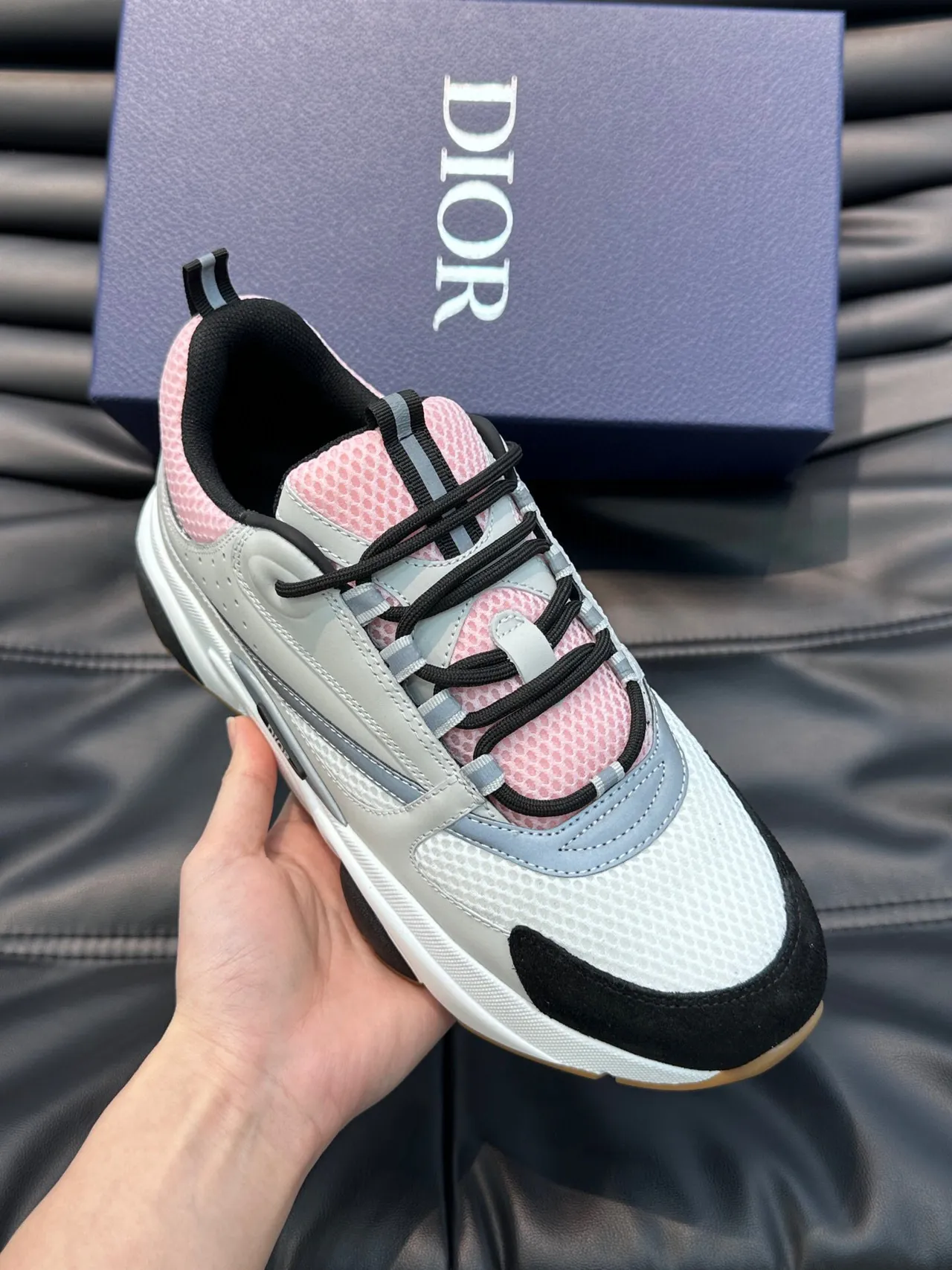Dior أحذية رياضية كبيرة كعب أبيض ووردي شبكة وطبقة مصنعية 5