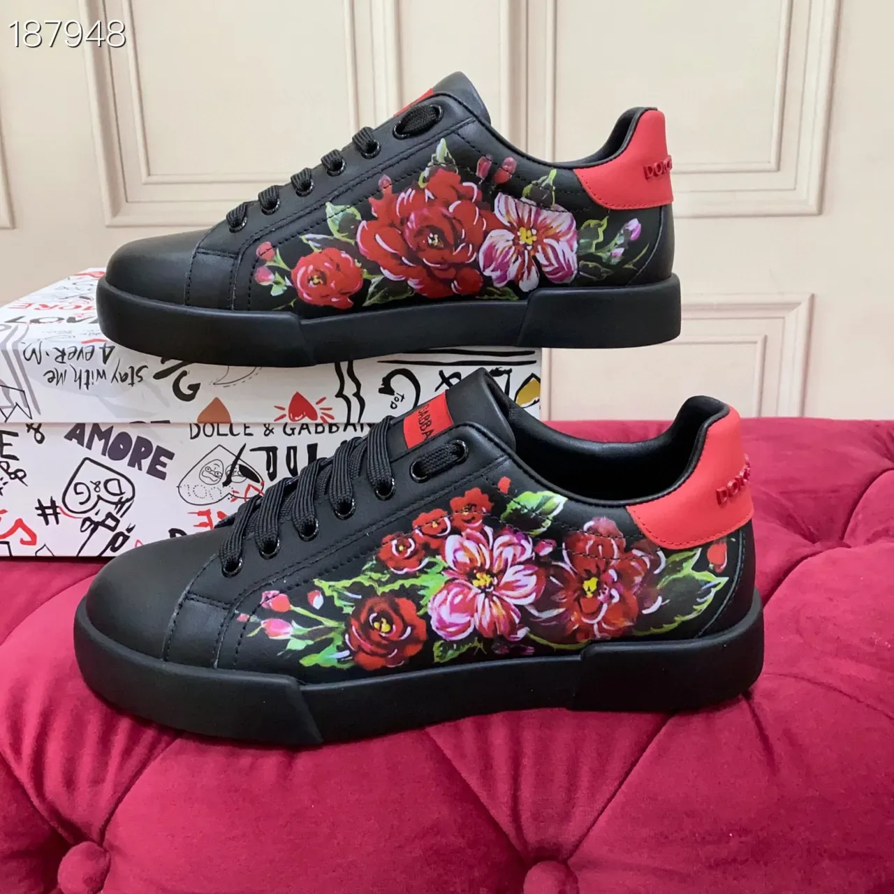 Dolce & Gabbana 黑色红色花卉印花侧面板羊皮革鞋面生活方式运动鞋 7