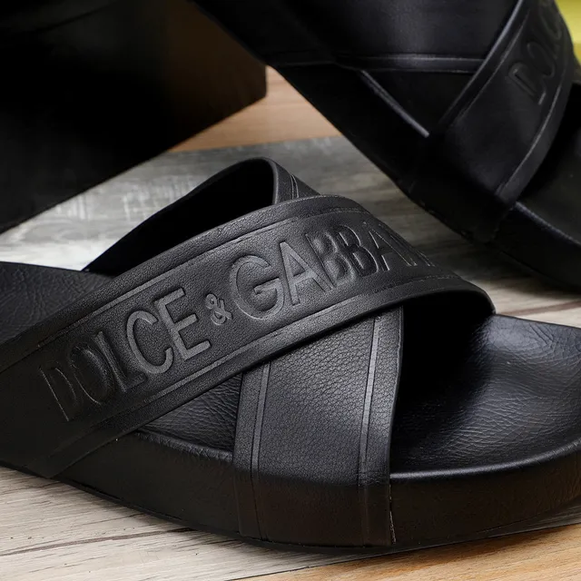 Dolce & Gabbana Embossed Logo Cross-Strap Black Slippers 3