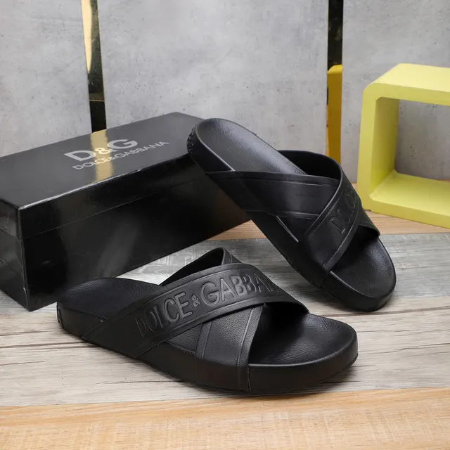 Dolce & Gabbana Embossed Logo Cross-Strap Black Slippers 7