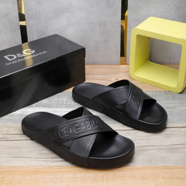 Dolce & Gabbana Embossed Logo Cross-Strap Black Slippers 9