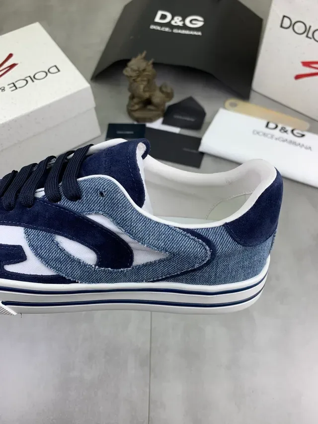 Dolce & Gabbana Portofino Camurça Navy e Branco e Denim Patchwork Lona Painel De Contraste Tênis Lifestyle 3
