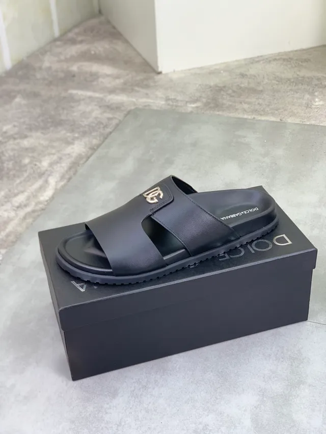 Dolce & Gabbana Portofino Black Leather DG Logo Slippers 4